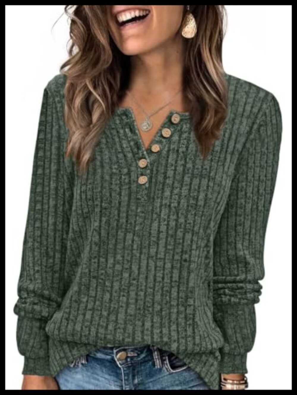 XIEERDUO Women's Henley Sweater Button Front Ribbed Knit Tunic Top